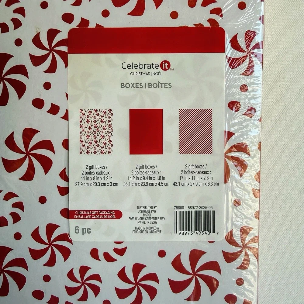 Celebrate It Christmas Gift Boxes Peppermint Candy Cane 6 Pc Elegant New Sealed